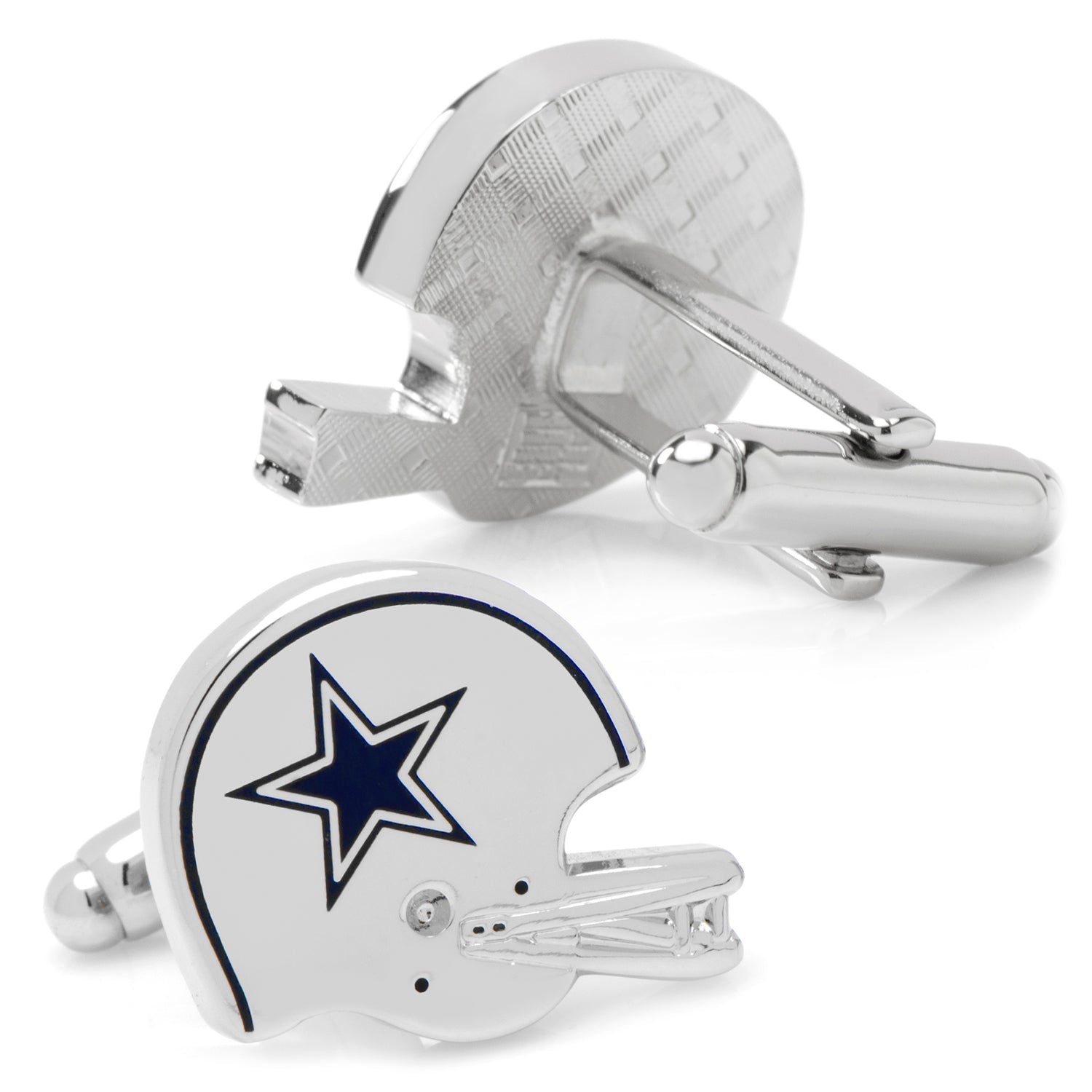 Silver football helmet cufflinks with star emblem on a white background