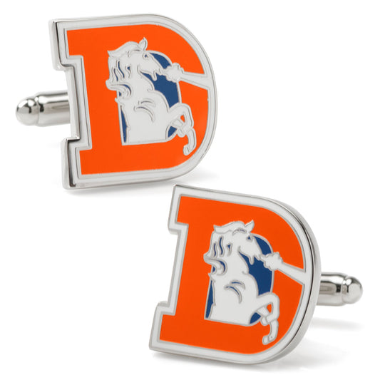 Cufflinks with a logo featuring an 'D' and a horse on an orange background.