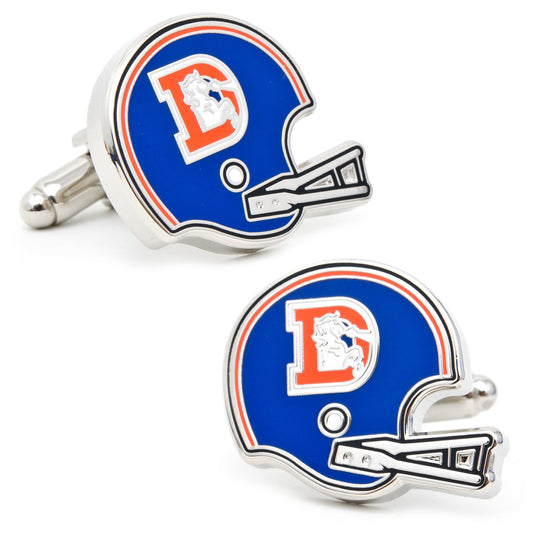 Denver Broncos helmet-shaped cufflinks on a white background
