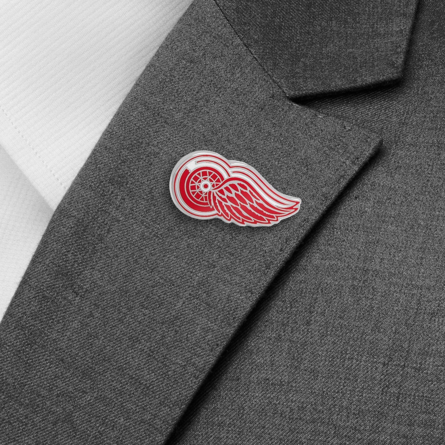 Red and white logo on a gray suit jacket NHL Detroit Red Wings Lapel Pin