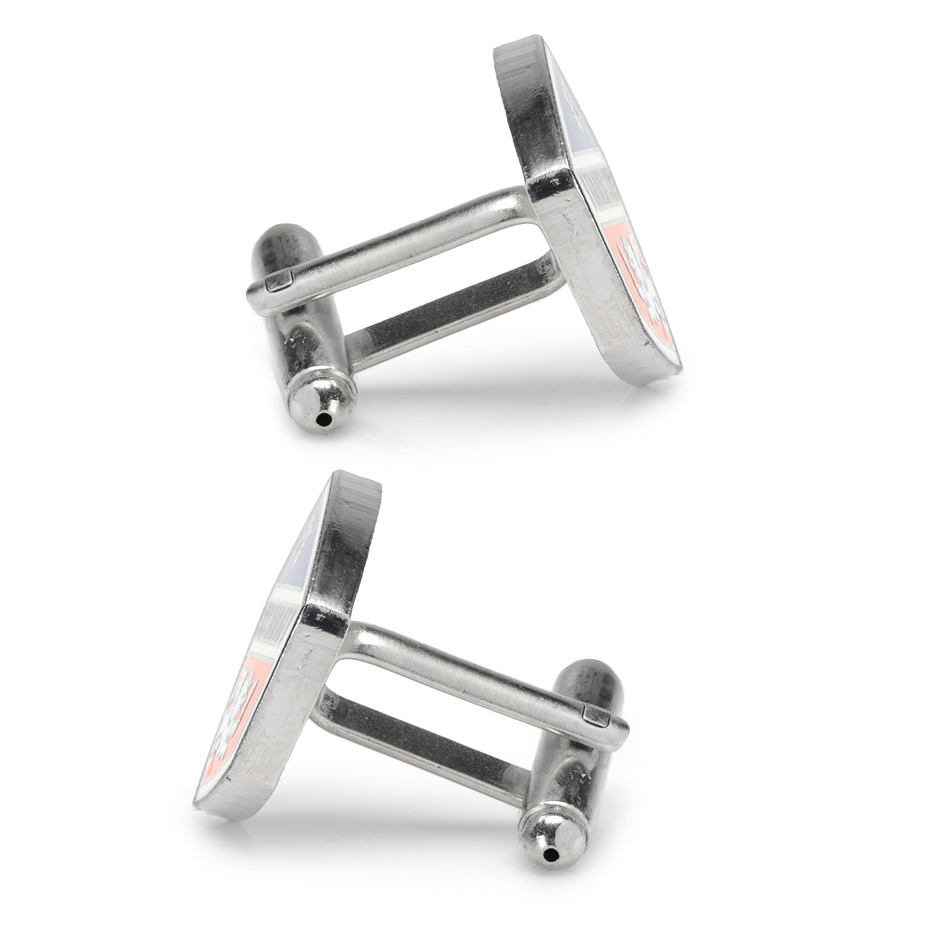 Pair of silver cufflinks on a white background
