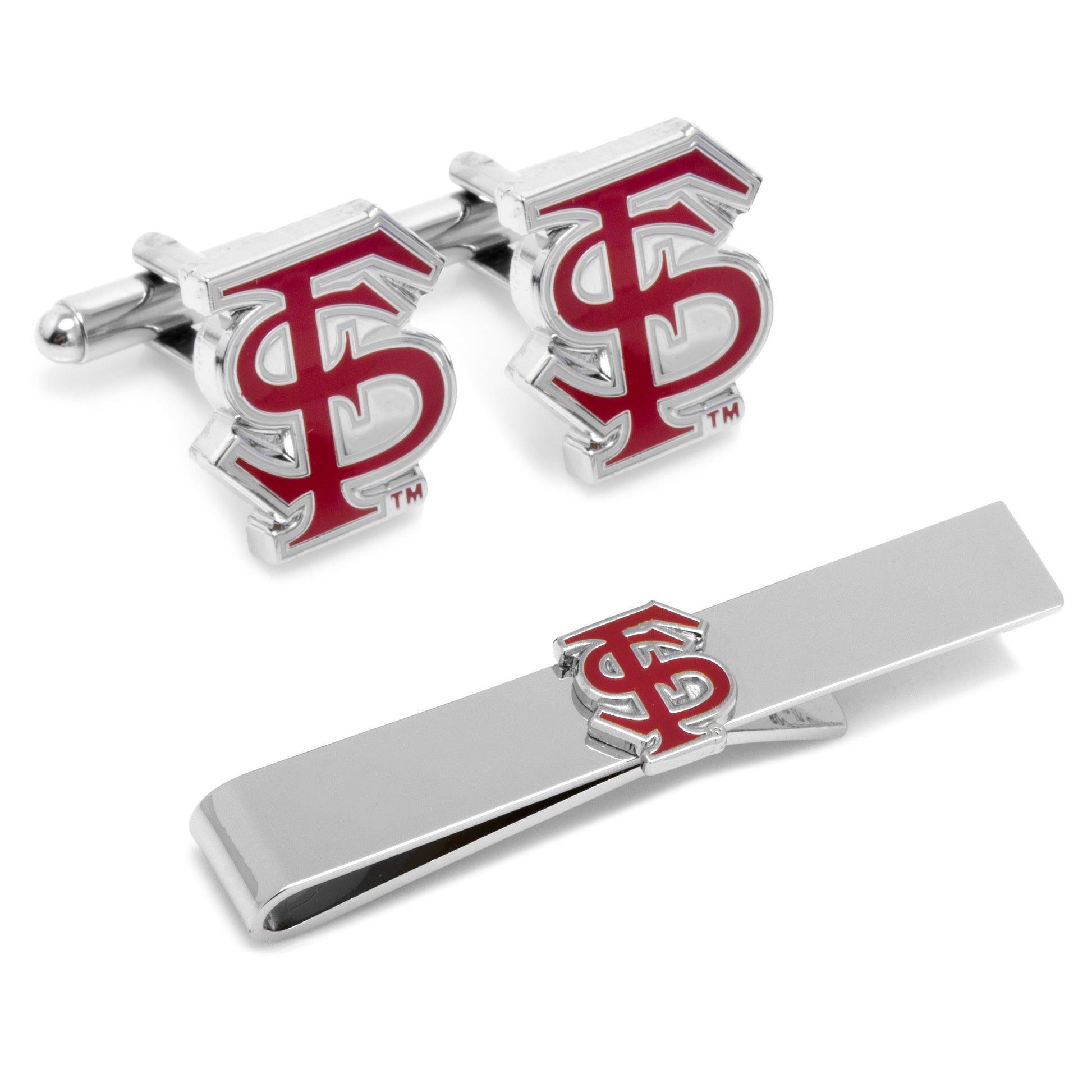 Cufflinks and tie clip set with red and silver design on a white background