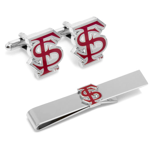 Cufflinks and tie clip set with red and silver design on a white background