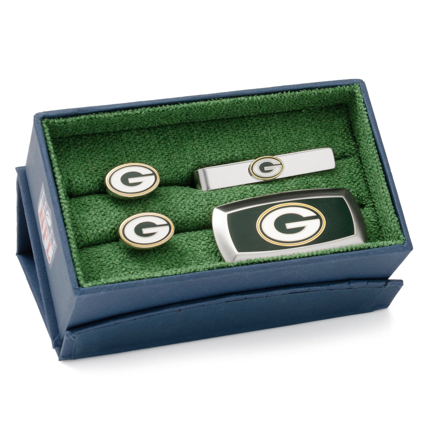 Set of Green Bay Packers cufflinks and tie clip in a branded box on a white background