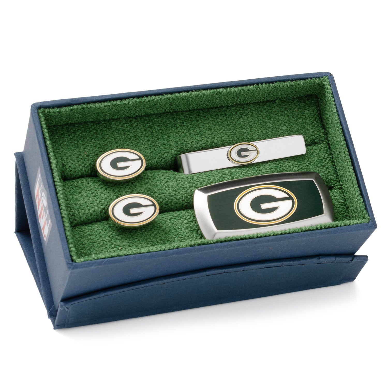Set of Green Bay Packers cufflinks and tie clip in a branded box on a white background