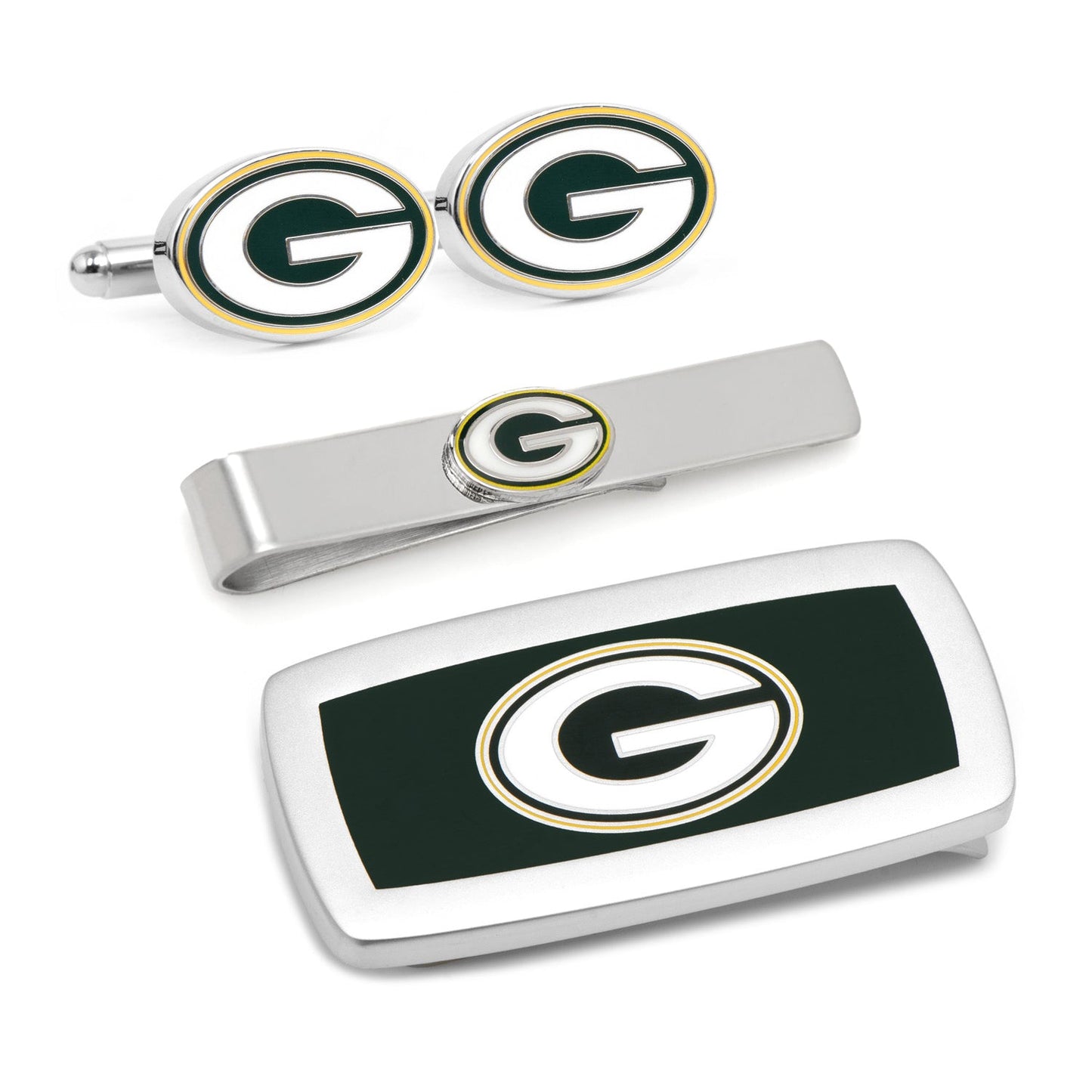 Green Bay Packers 3-piece gift set with cufflinks, money clip, and tie bar – official NFL men’s accessory