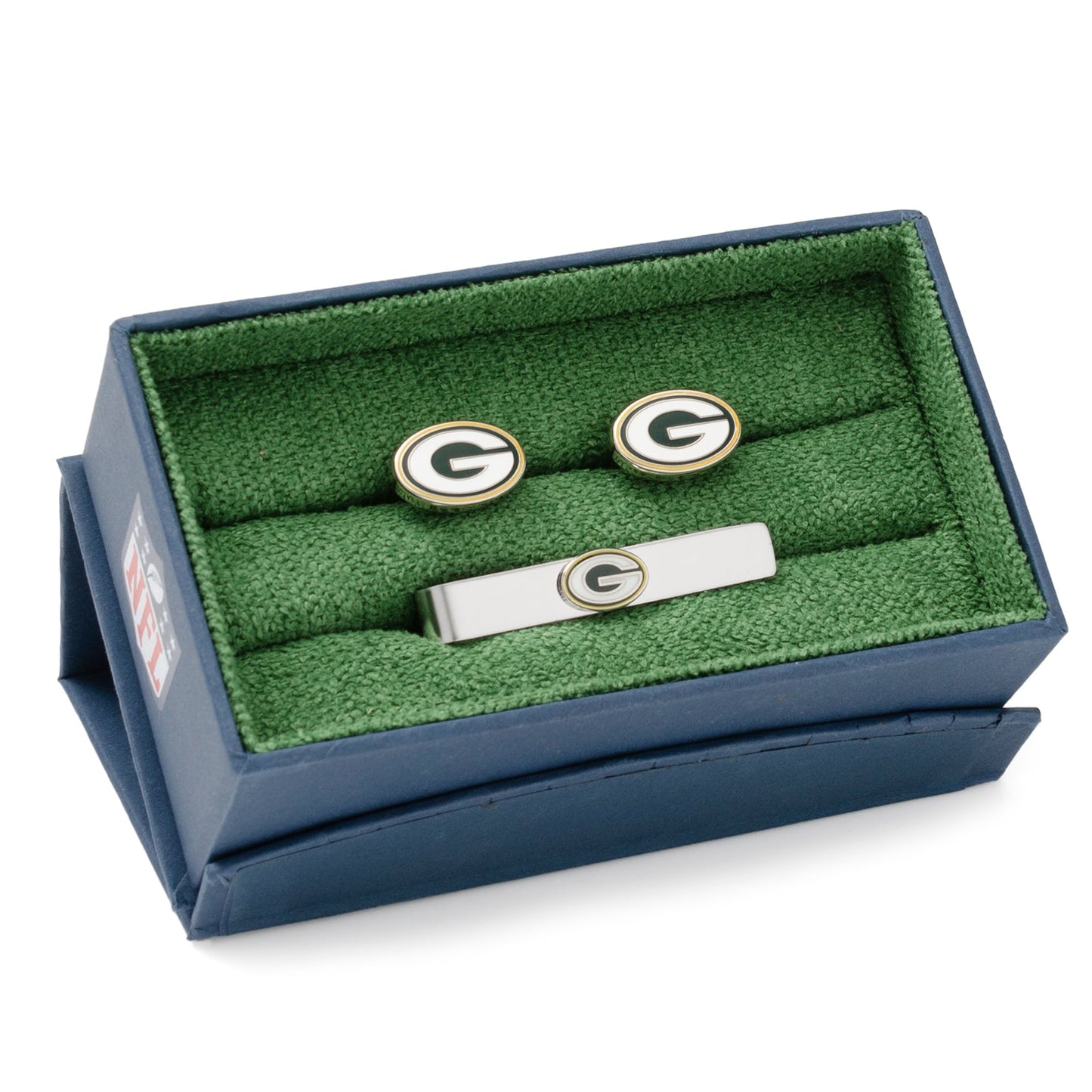 Cufflinks and tie clip set with 'G' logo in a green box