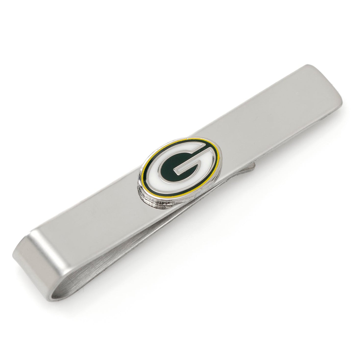Silver tie clip with Green Bay Packers logo on a white background
