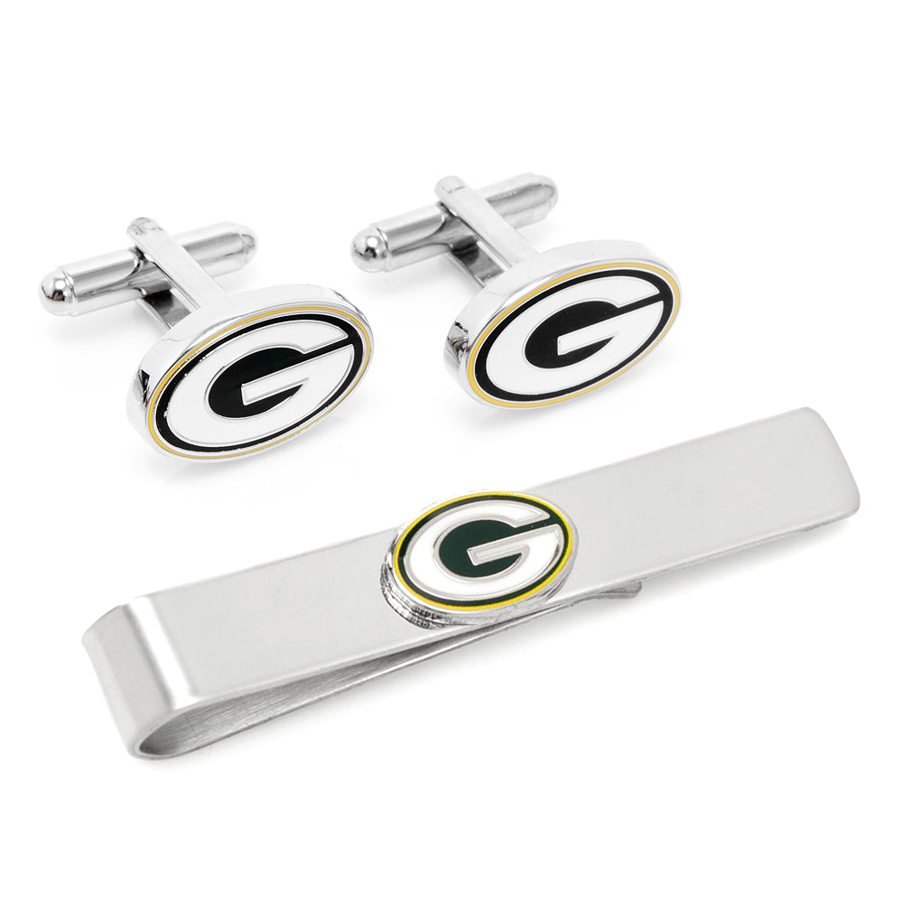 Cufflinks and tie clip set with Green Bay Packers logo on a white background