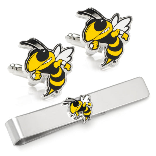 NCAA Georgia Tech Yellow Jackets Cufflinks and Tie Bar Gift Set Bee-themed cufflinks and tie clip on a white background