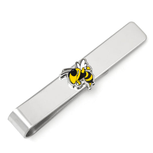 Silver tie clip with a yellow and black bee design on a white background