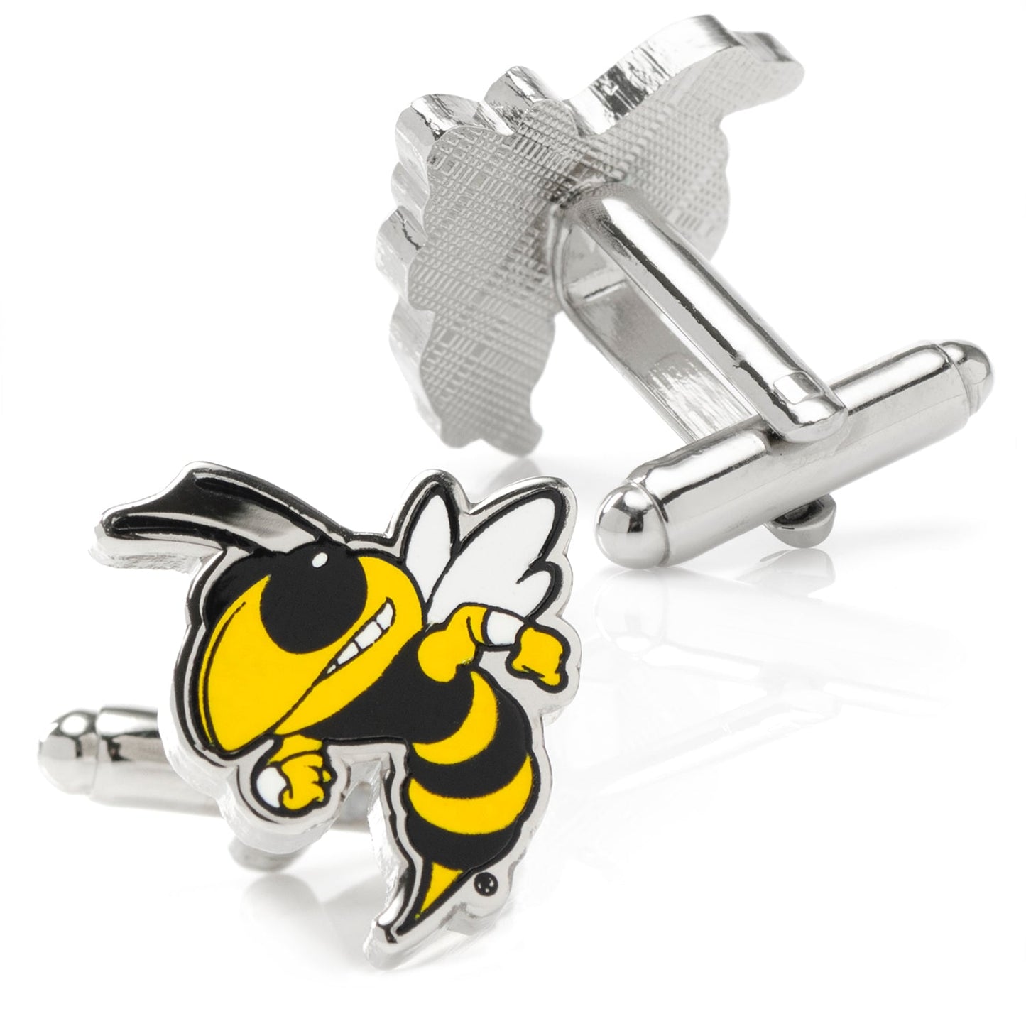 Cufflinks with a bee design on a white background