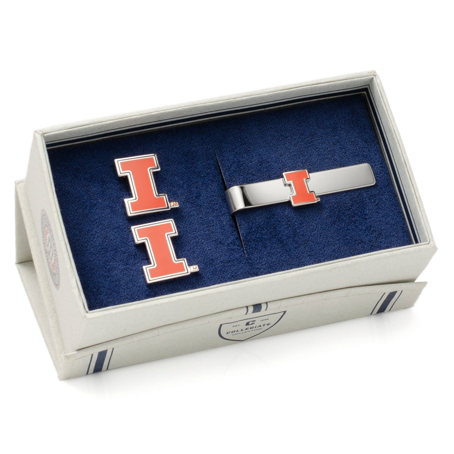 Silver tie clip with orange 'I' logo in a branded box NCAA University of Illinois Cufflinks and Tie Bar Gift Set