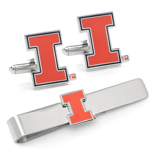Cufflinks and tie clip set with orange 'I' logo on a white background NCAA University of Illinois Cufflinks and Tie Bar Gift Set