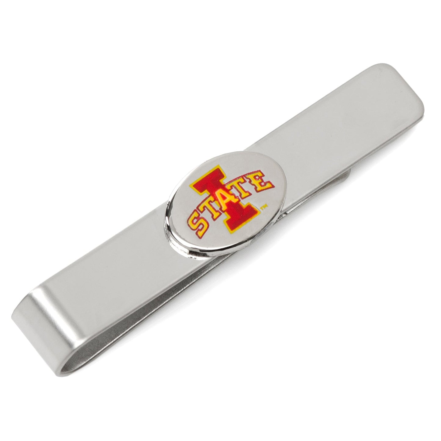 Silver tie clip with 'I State' logo on a white background