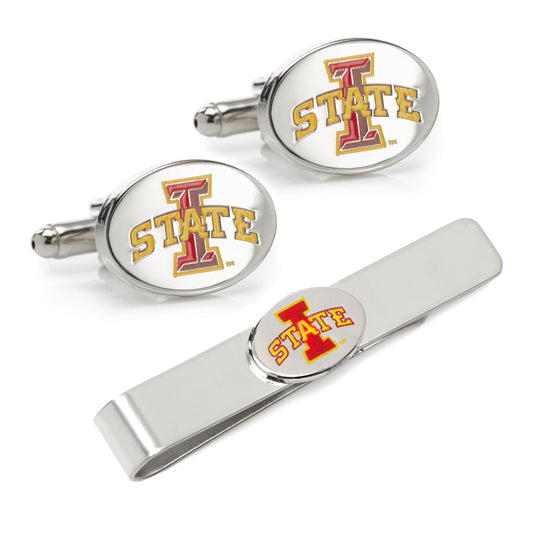 Iowa State University cufflinks and tie clip set on a white background