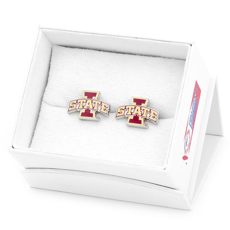 Pair of Iowa State University cufflinks in a box on a white background