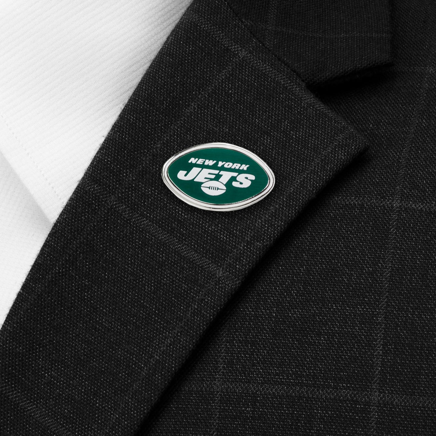 New York Jets logo on a black jacket lapel