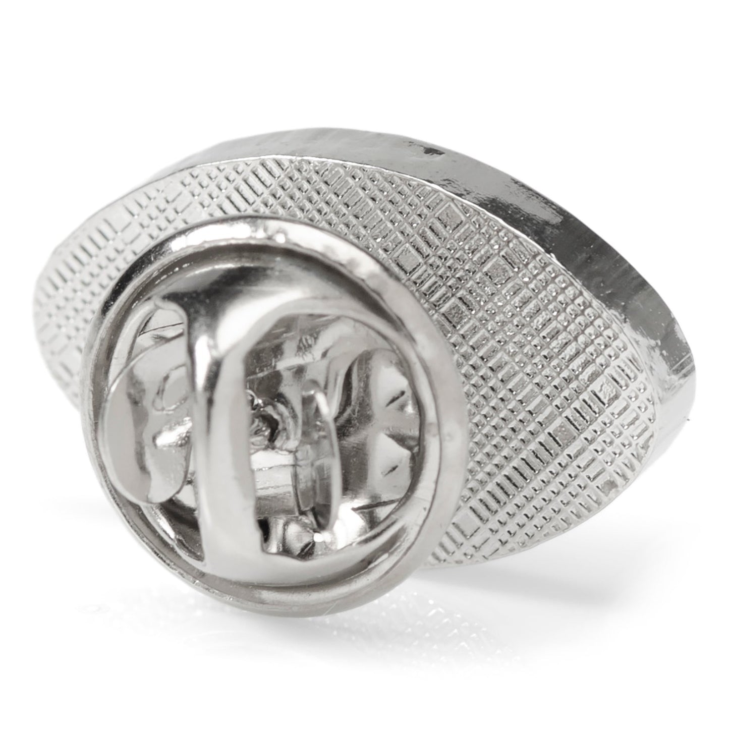 Silver ring with a textured band on a white background