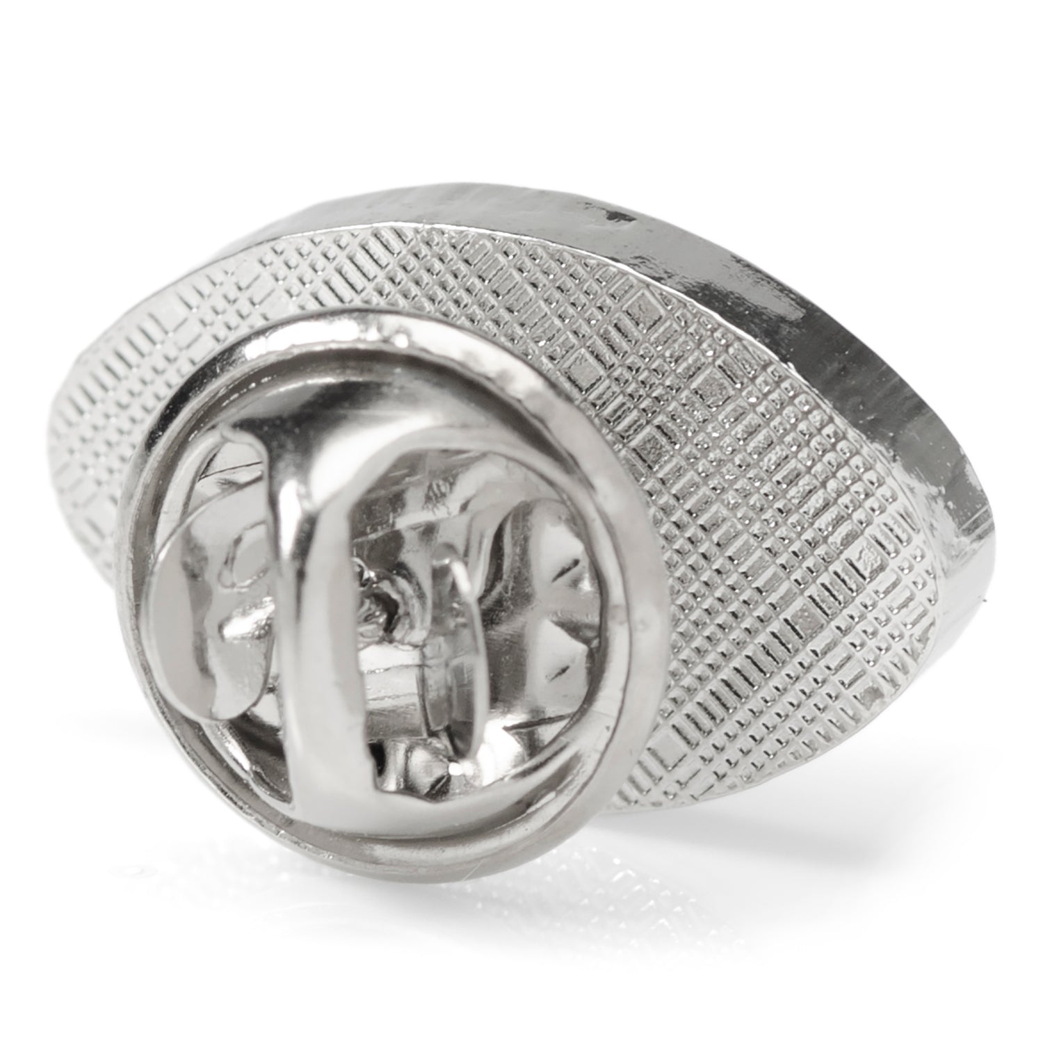 Silver ring with a textured band on a white background