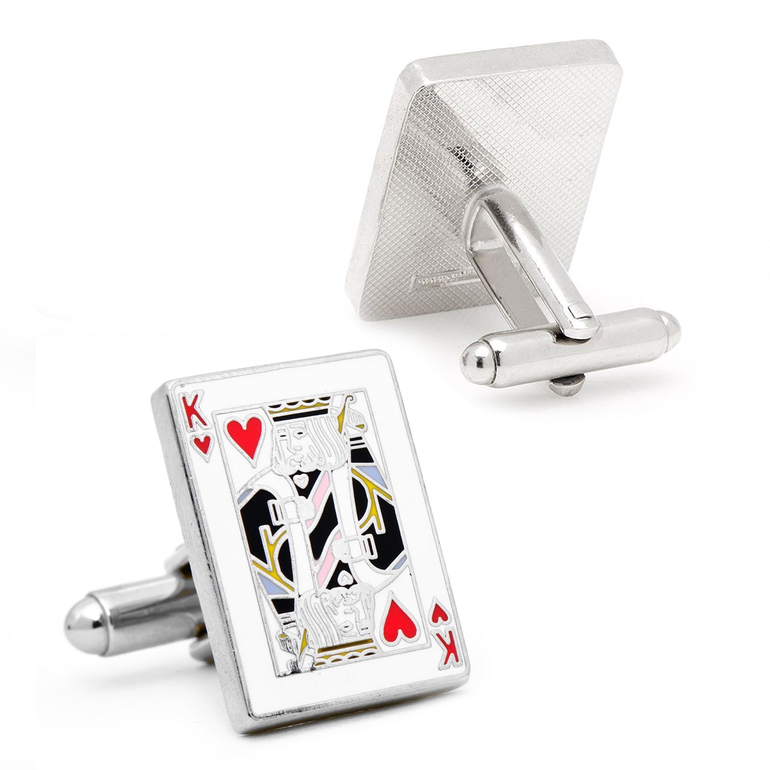 Cufflinks with a King of Hearts playing card design on a white background