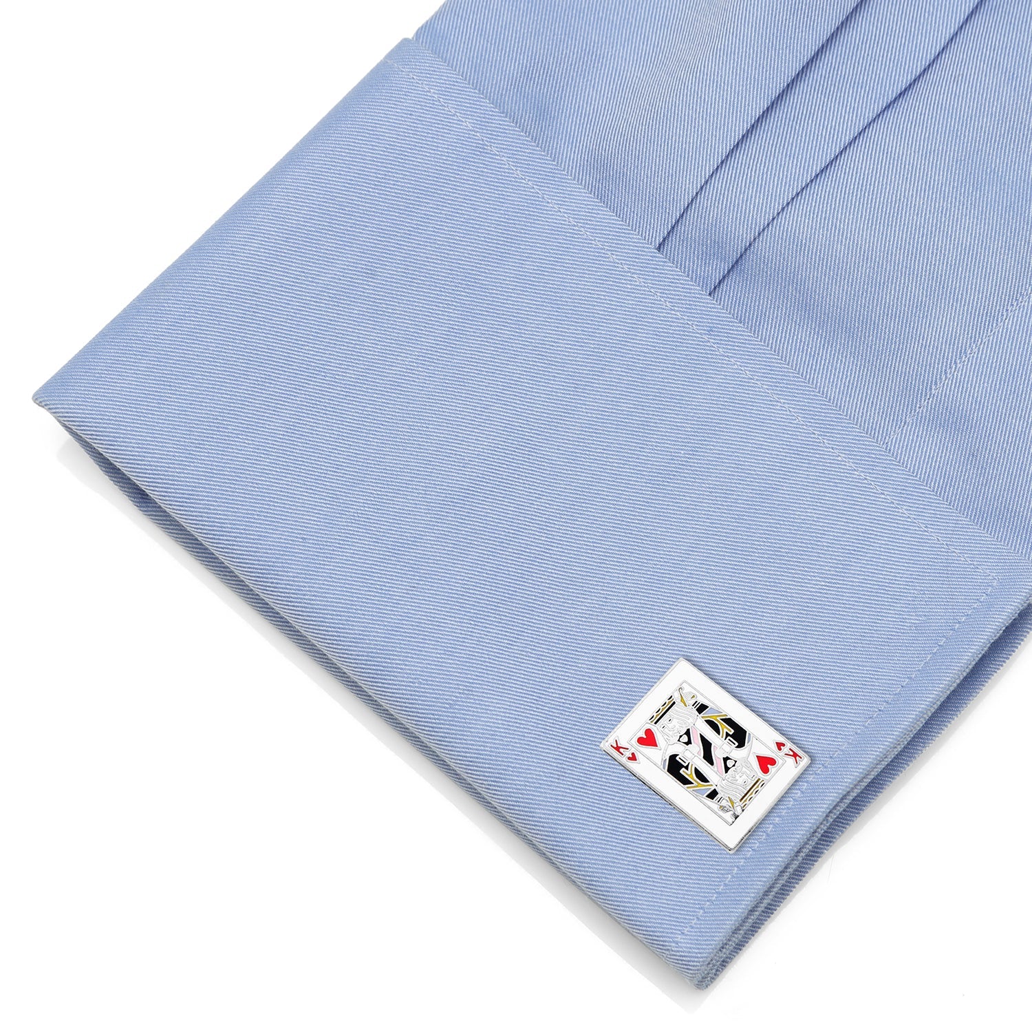 Light blue fabric with a playing card design label on a white background