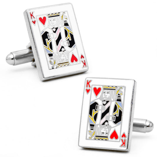 King of Hearts playing card cufflinks on a white background