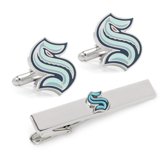 Cufflinks and tie clip set with a blue and silver design on a white background NHL Seattle Kraken Cufflinks & Tie Clip Gift Set