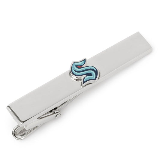 Silver tie clip with a blue and red emblem on a white background NHL Seattle Kraken Tie Clip