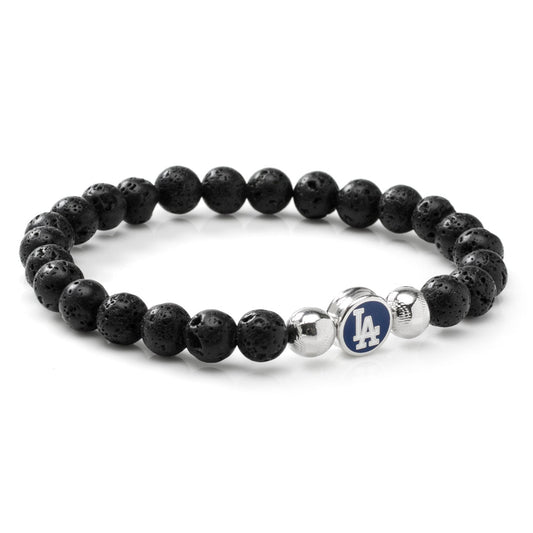 Black beaded bracelet with silver and blue Los Angeles Dodgers charm on a white background