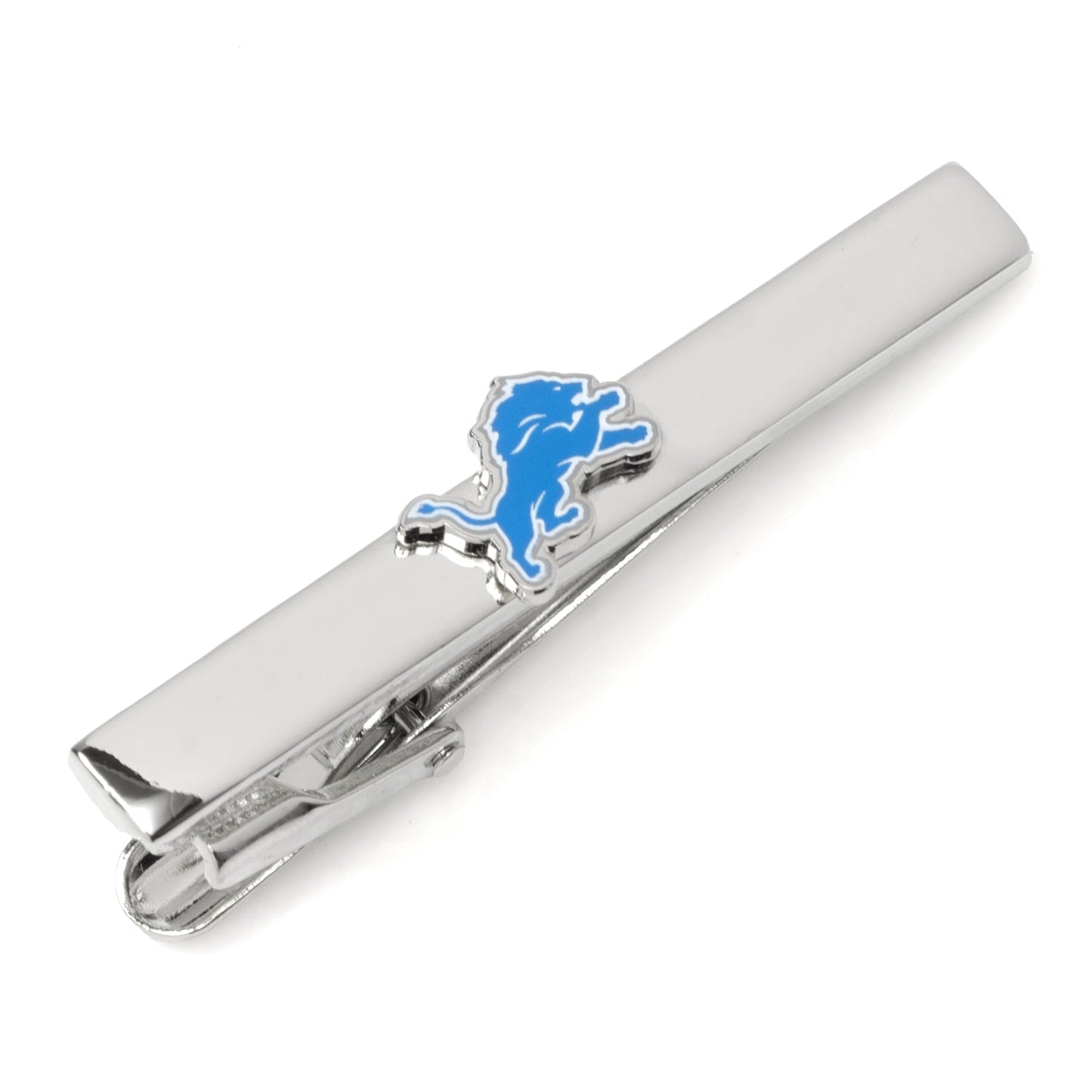 Silver tie clip with blue logo on a white background
