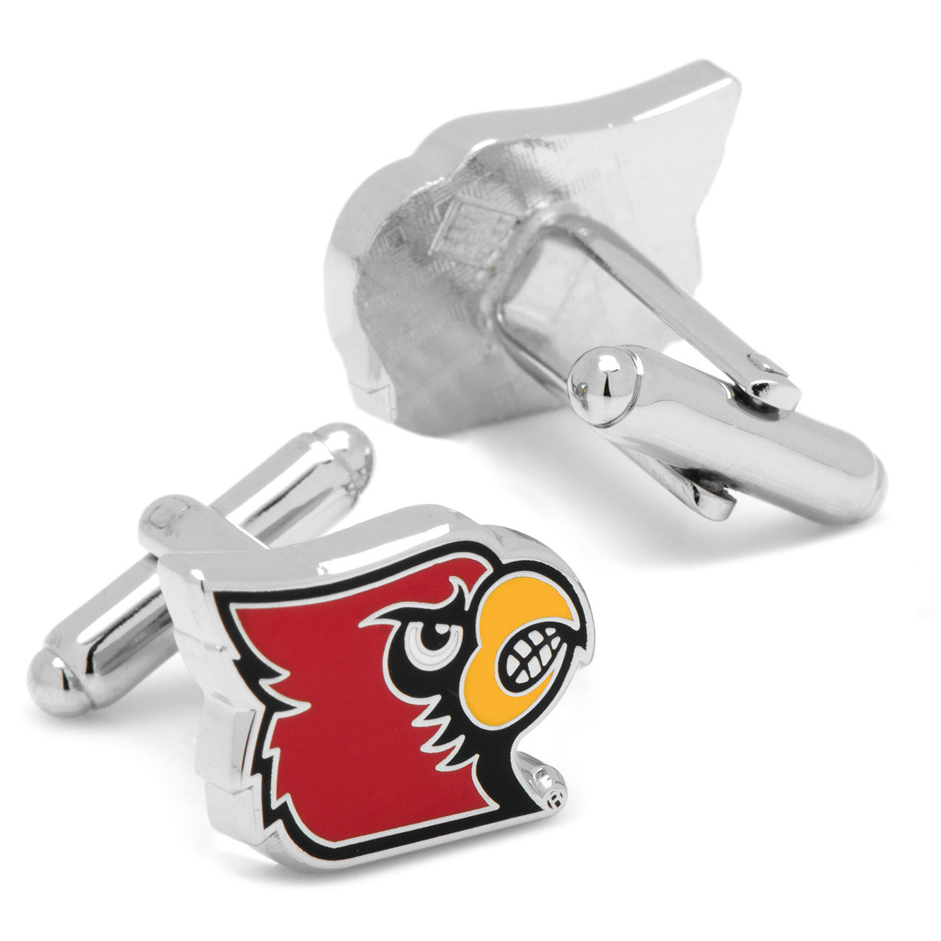 Cufflinks with a red and yellow logo on a white background