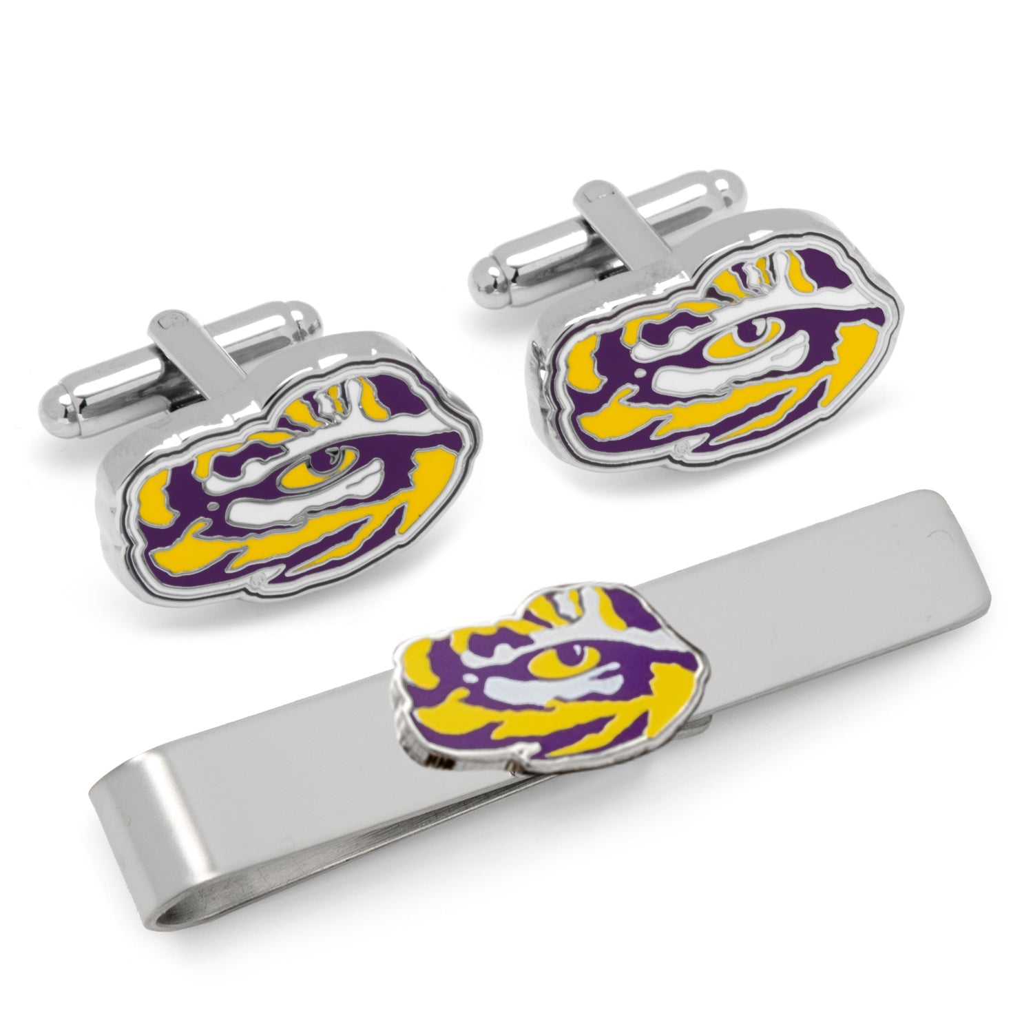 Cufflinks and tie clip set with LSU logo on a white background