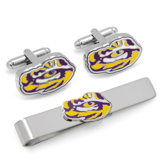 Cufflinks and tie clip set with LSU logo on a white background