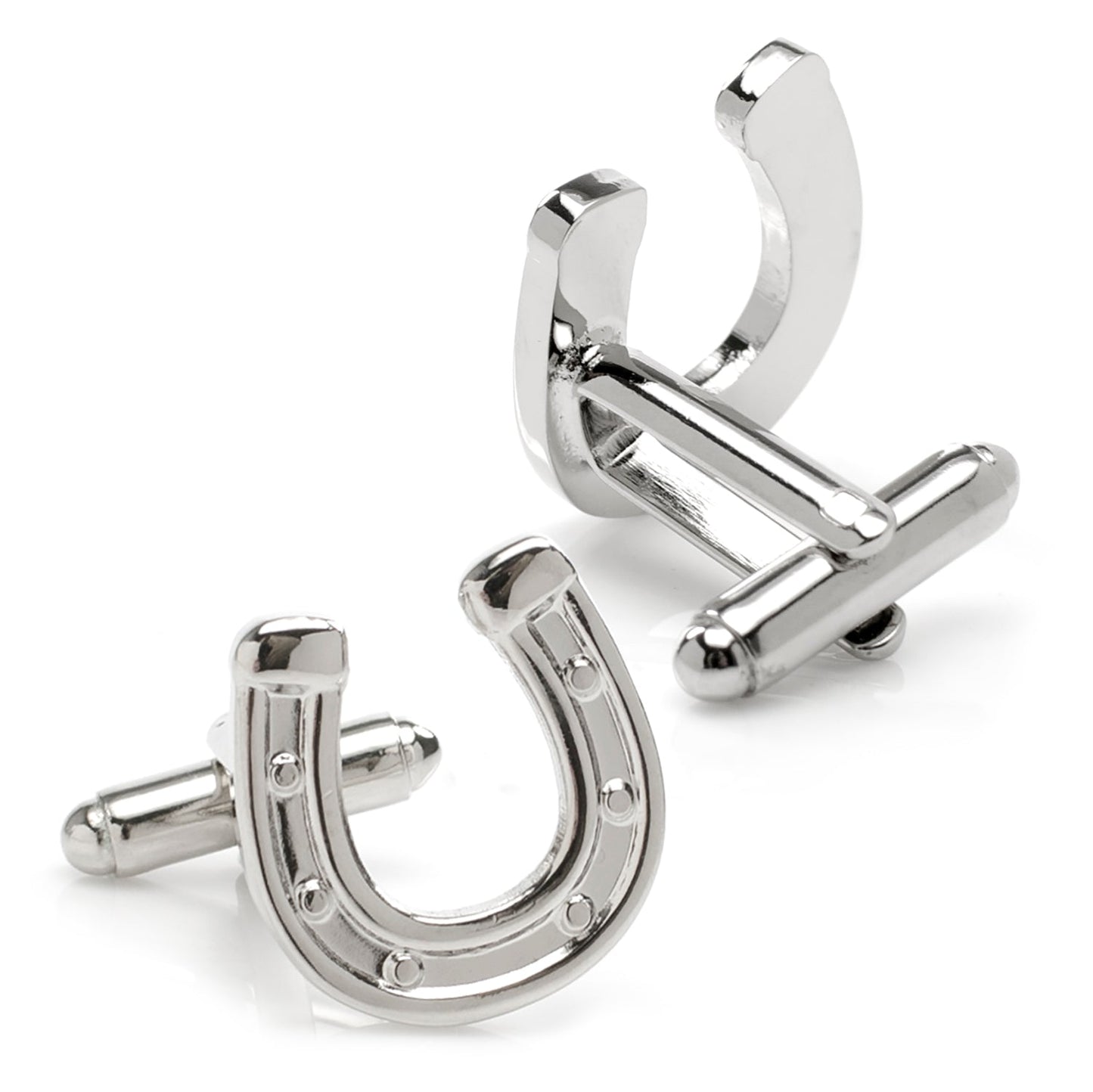 Silver horseshoe-shaped cufflinks on a white background