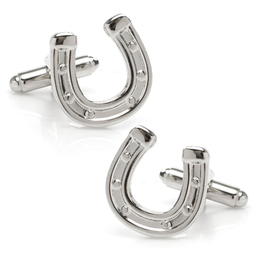 Silver horseshoe-shaped cufflinks on a white background