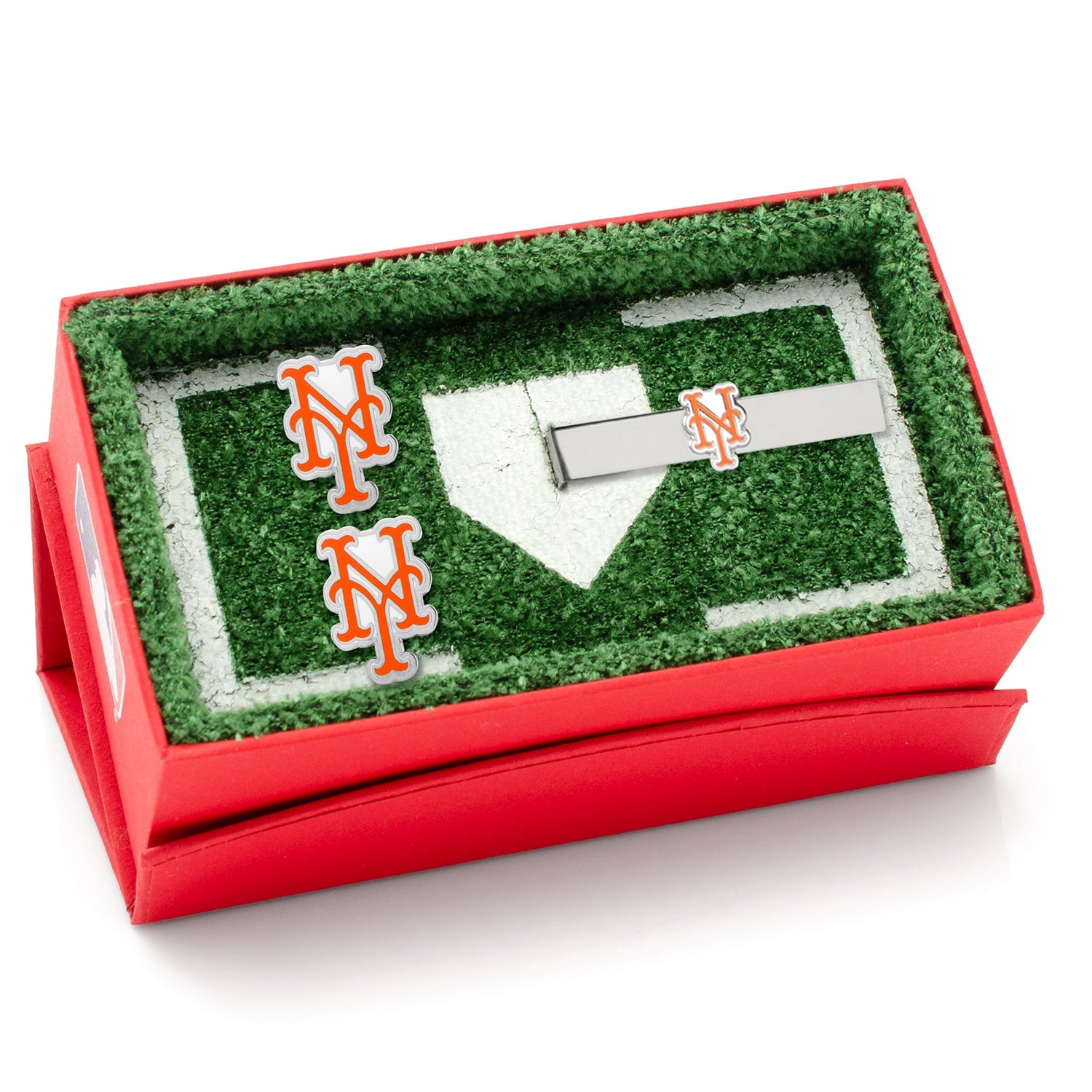 Baseball-themed tie clip set in a red box with grassy field design MLB New York Mets Cufflinks and Tie Clip Gift Set
