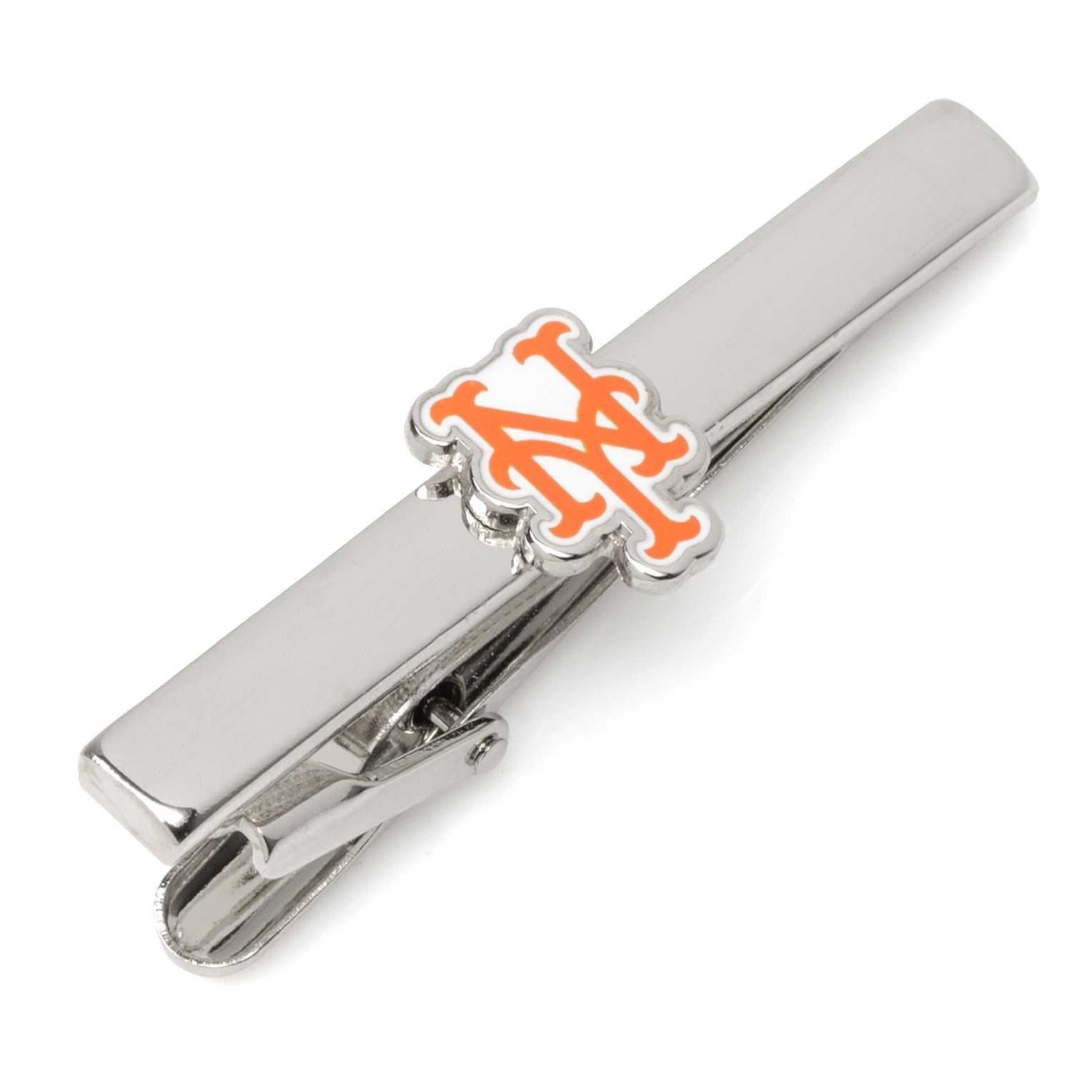 Silver tie clip with orange logo on a white background