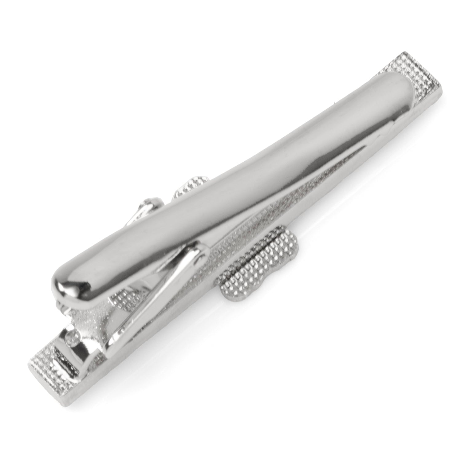Silver tie clip on a white background