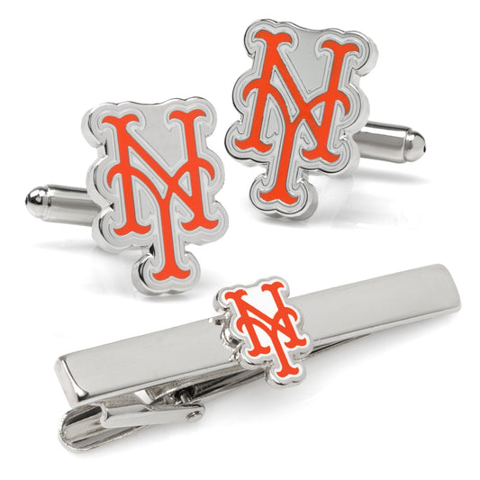 Cufflinks and tie clip set with orange 'MN' logo on a white background MLB New York Mets Cufflinks and Tie Clip Gift Set