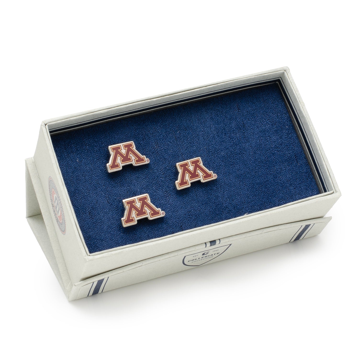 Three 'M' shaped earrings in a box with a blue interior NCAA Minnesota Gophers Cufflinks and Lapel Pin 