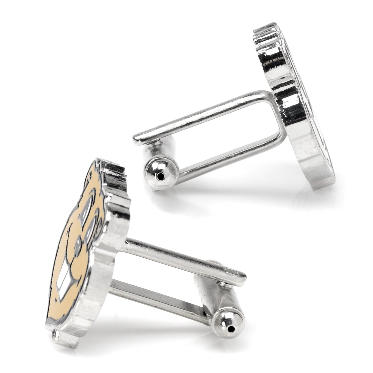 Silver cufflinks with a heart design on a white background