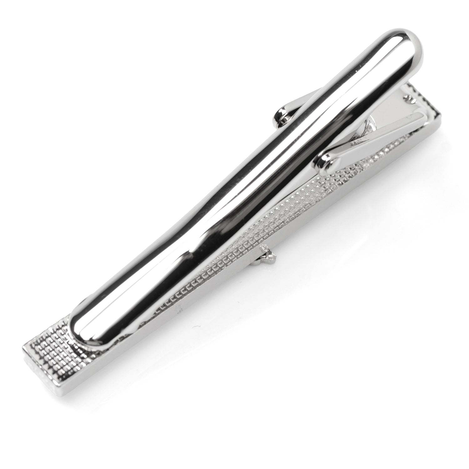 Silver tie clip with gemstone accents on a white background