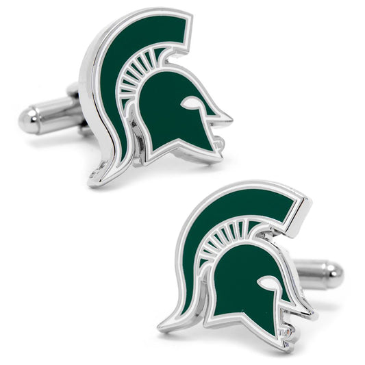 Green and silver Spartan helmet cufflinks on a white background NCAA Michigan State Spartans Cufflinks