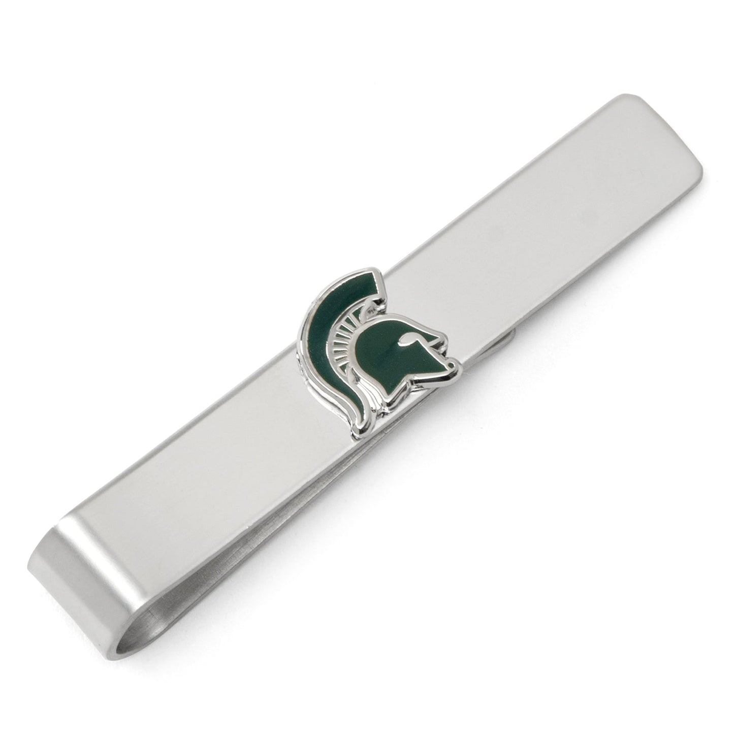 Silver tie clip with green and white emblem on a white background