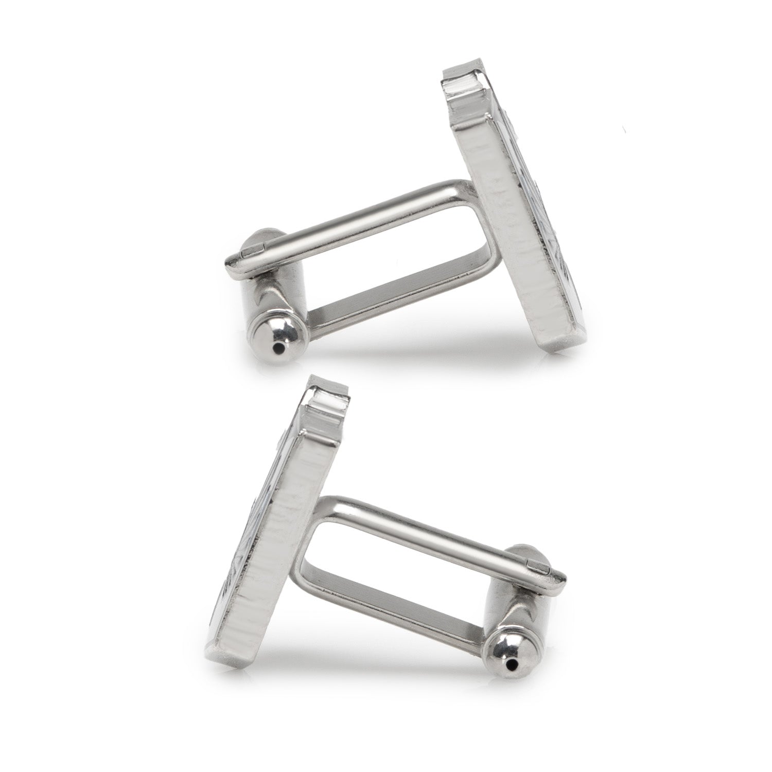Set of silver rectangular cufflinks on a white background