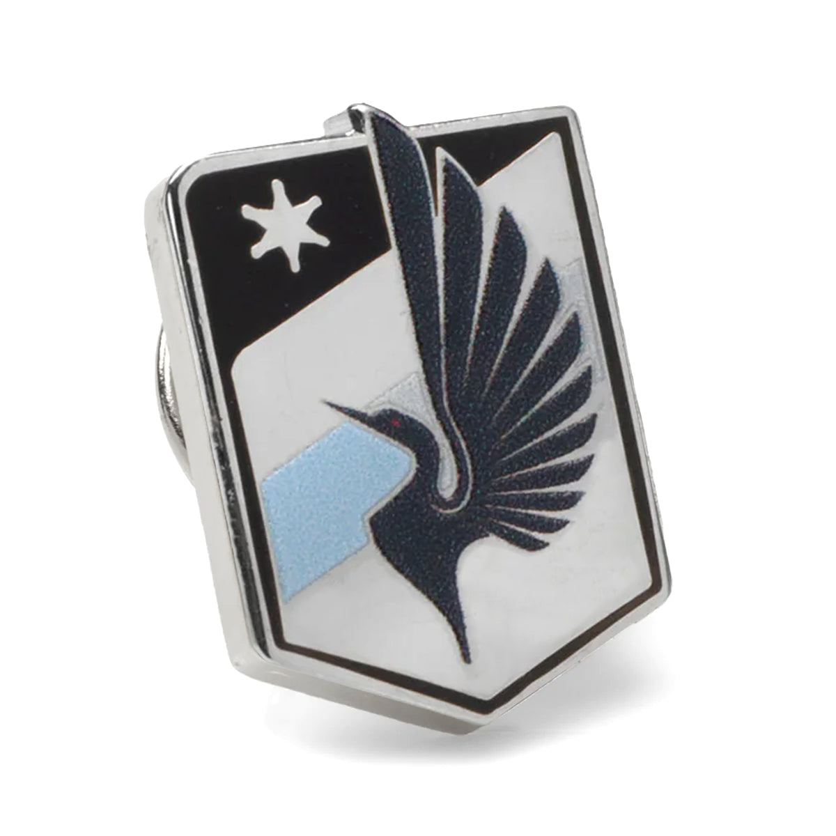 Pin with a design of a bird, star, and shield on a white background MLS Minnesota United Lapel Pin