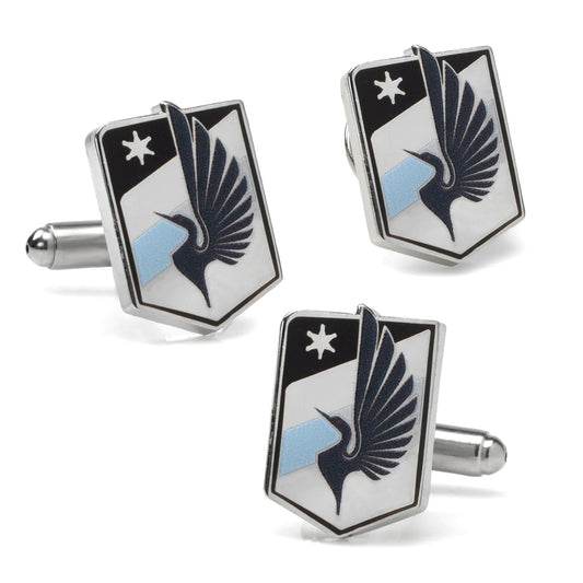 Set of three cufflinks with a winged emblem design on a white background MLS Minnesota United Cufflinks and Lapel Pin