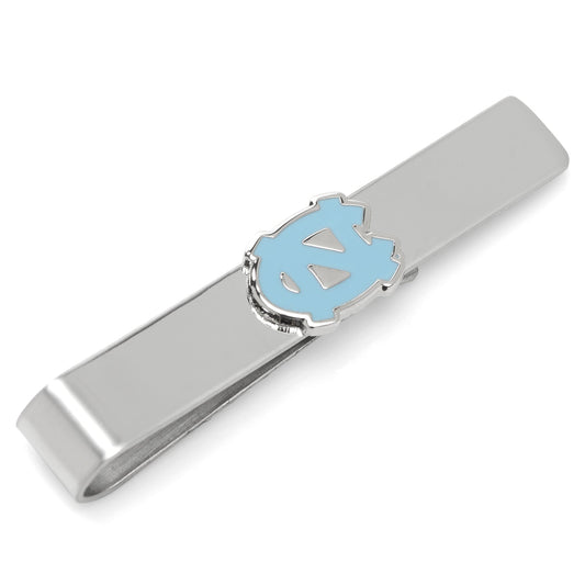 Silver tie clip with blue emblem on a white background
