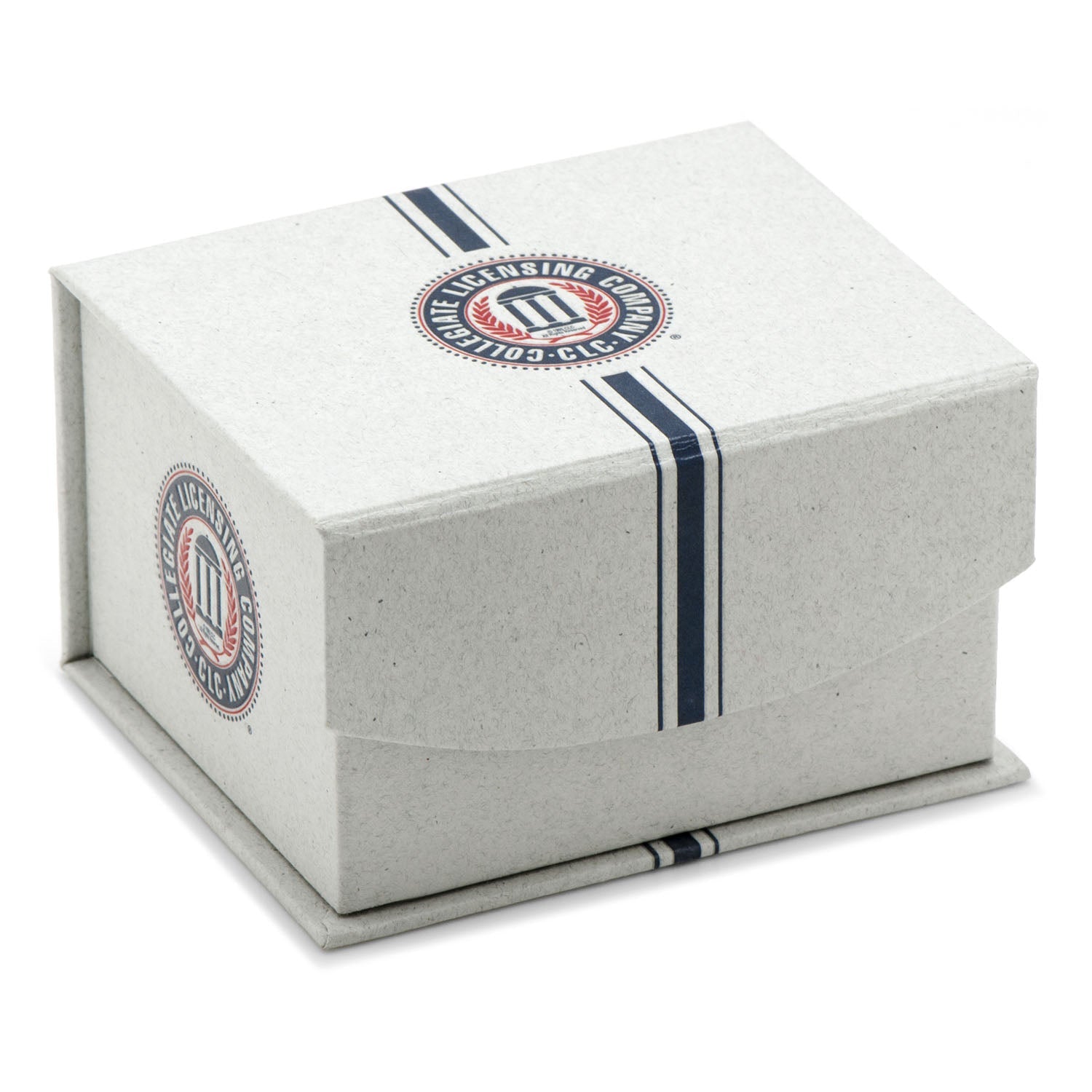 White rectangular box with blue stripes and a logo on a white background